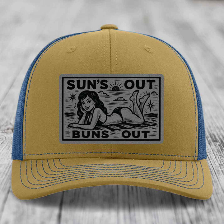 Suns Out, Buns Out - Leather Patch Hat - Grey to Black Patch - Richardson 112 Snapback Trucker Hat