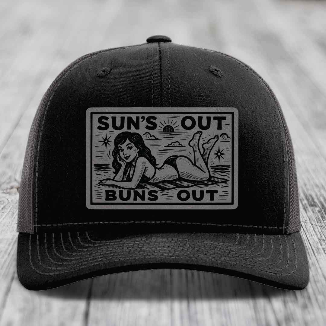 Suns Out, Buns Out - Leather Patch Hat - Grey to Black Patch - Richardson 112 Snapback Trucker Hat