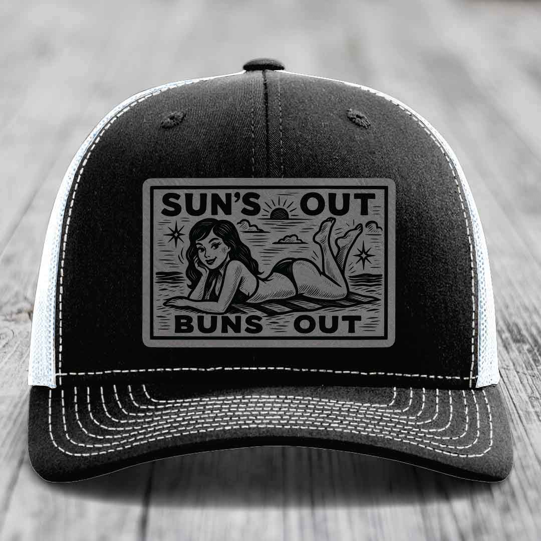 Suns Out, Buns Out - Leather Patch Hat - Grey to Black Patch - Richardson 112 Snapback Trucker Hat