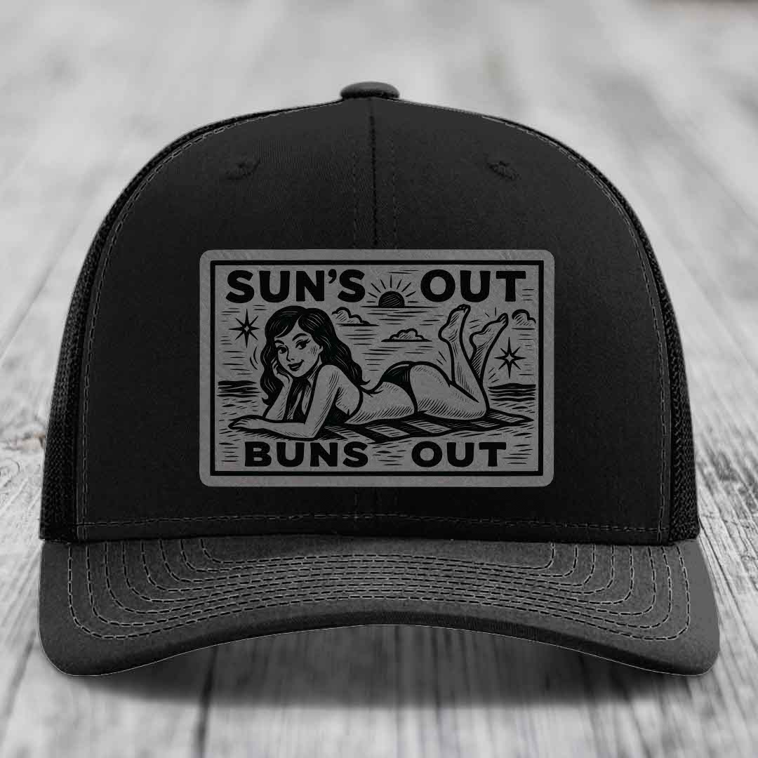 Suns Out, Buns Out - Leather Patch Hat - Grey to Black Patch - Richardson 112 Snapback Trucker Hat