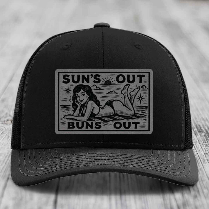 Suns Out, Buns Out - Leather Patch Hat - Grey to Black Patch - Richardson 112 Snapback Trucker Hat