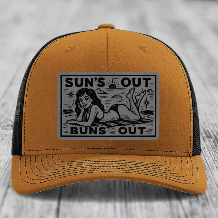 Suns Out, Buns Out - Leather Patch Hat - Grey to Black Patch - Richardson 112 Snapback Trucker Hat