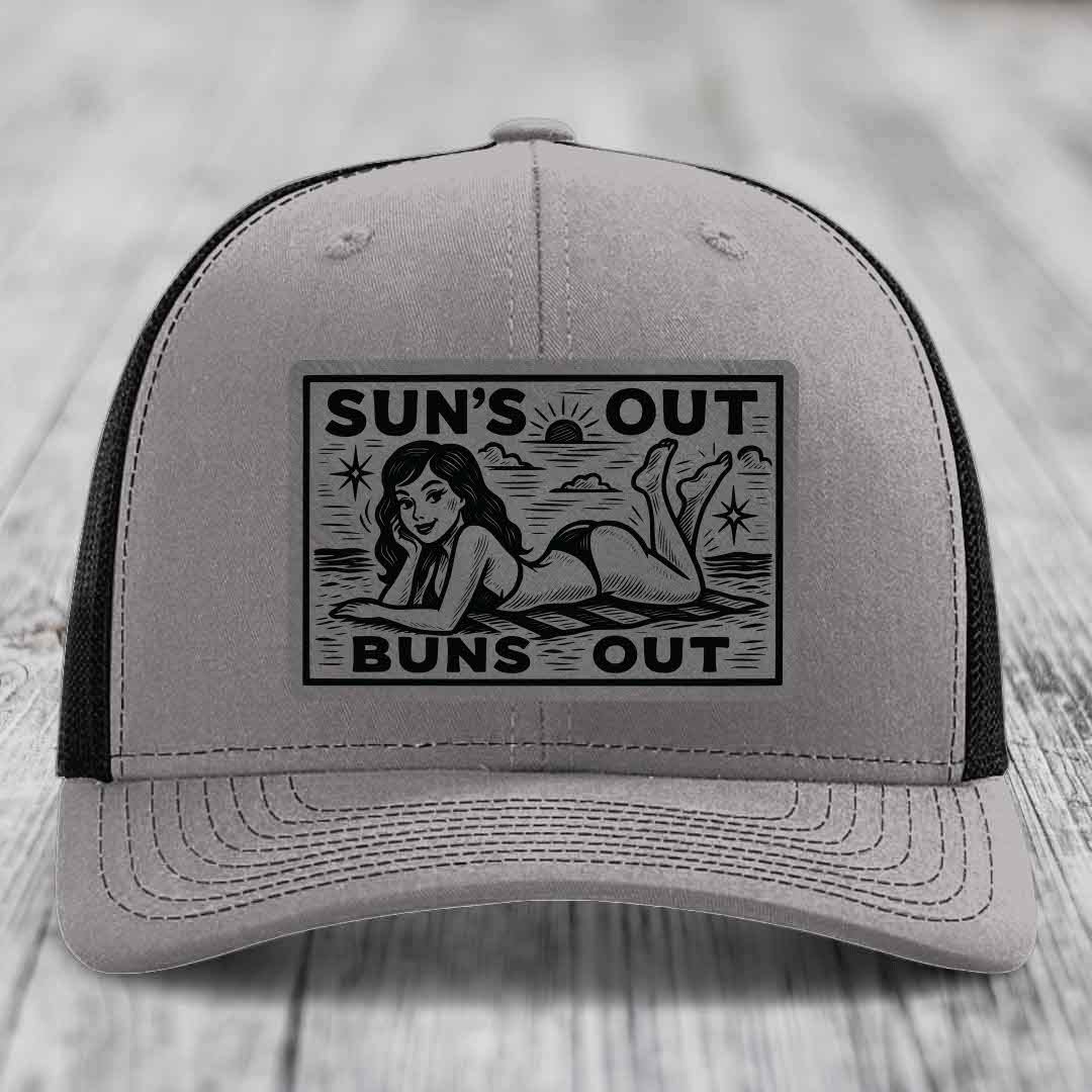 Suns Out, Buns Out - Leather Patch Hat - Grey to Black Patch - Richardson 112 Snapback Trucker Hat