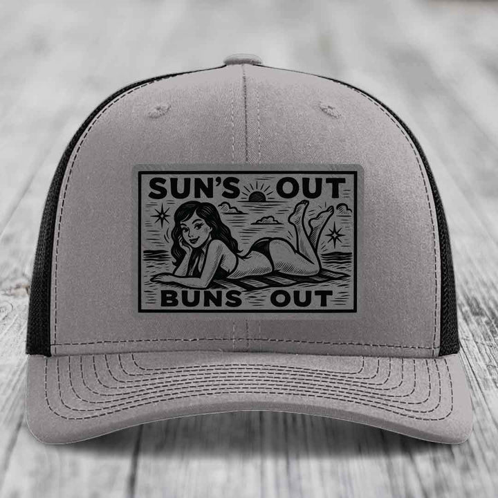 Suns Out, Buns Out - Leather Patch Hat - Grey to Black Patch - Richardson 112 Snapback Trucker Hat