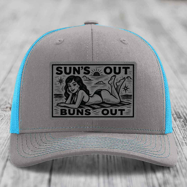 Suns Out, Buns Out - Leather Patch Hat - Grey to Black Patch - Richardson 112 Snapback Trucker Hat