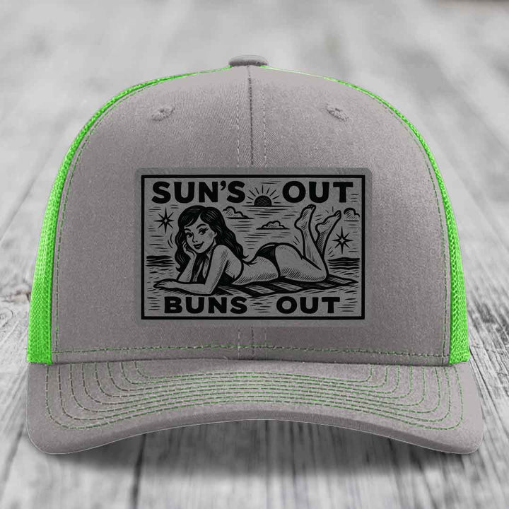 Suns Out, Buns Out - Leather Patch Hat - Grey to Black Patch - Richardson 112 Snapback Trucker Hat