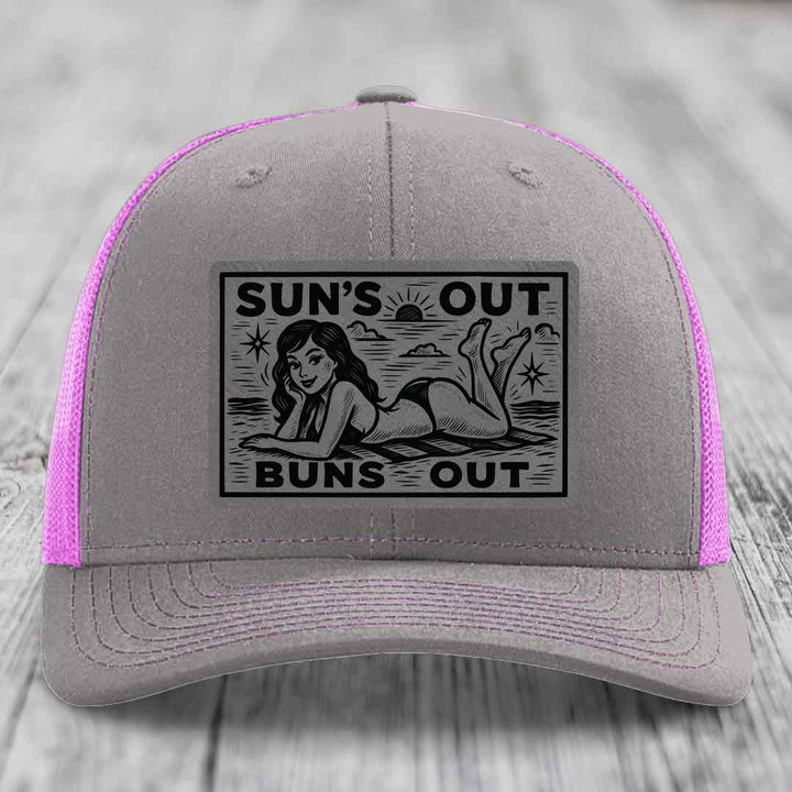 Suns Out, Buns Out - Leather Patch Hat - Grey to Black Patch - Richardson 112 Snapback Trucker Hat
