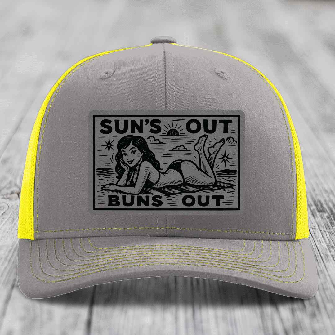 Suns Out, Buns Out - Leather Patch Hat - Grey to Black Patch - Richardson 112 Snapback Trucker Hat