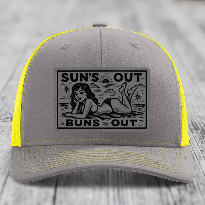 Suns Out, Buns Out - Leather Patch Hat - Grey to Black Patch - Richardson 112 Snapback Trucker Hat