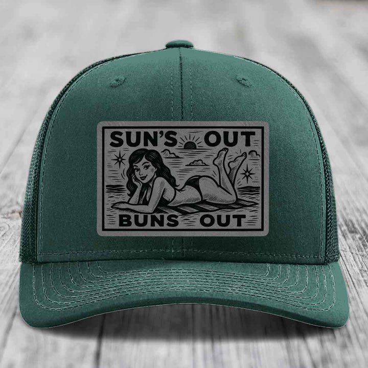 Suns Out, Buns Out - Leather Patch Hat - Grey to Black Patch - Richardson 112 Snapback Trucker Hat