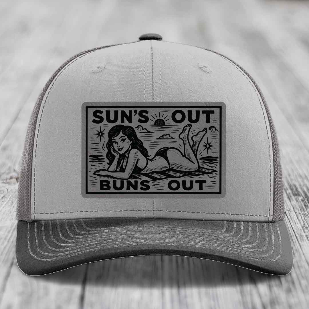 Suns Out, Buns Out - Leather Patch Hat - Grey to Black Patch - Richardson 112 Snapback Trucker Hat