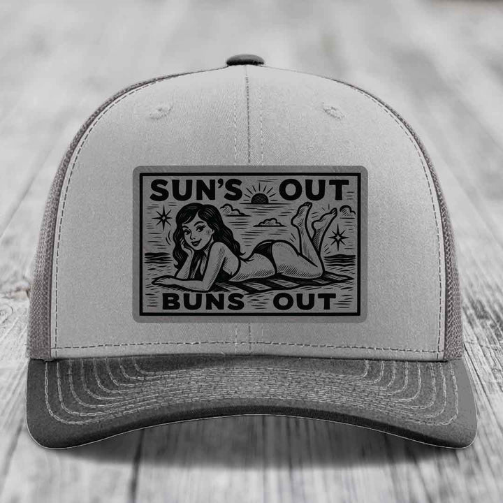 Suns Out, Buns Out - Leather Patch Hat - Grey to Black Patch - Richardson 112 Snapback Trucker Hat
