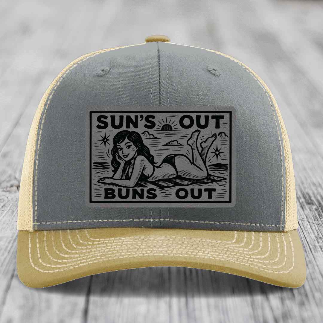 Suns Out, Buns Out - Leather Patch Hat - Grey to Black Patch - Richardson 112 Snapback Trucker Hat