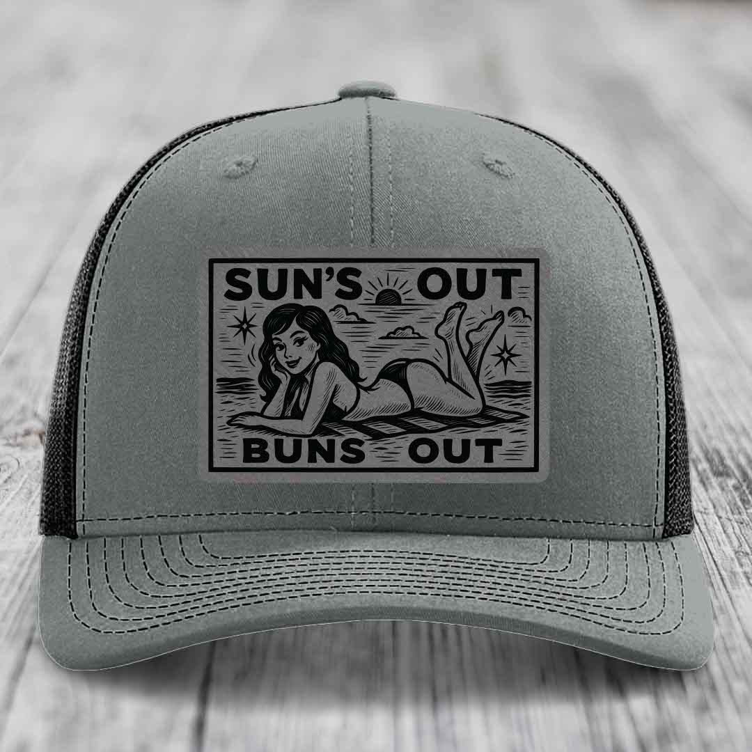 Suns Out, Buns Out - Leather Patch Hat - Grey to Black Patch - Richardson 112 Snapback Trucker Hat