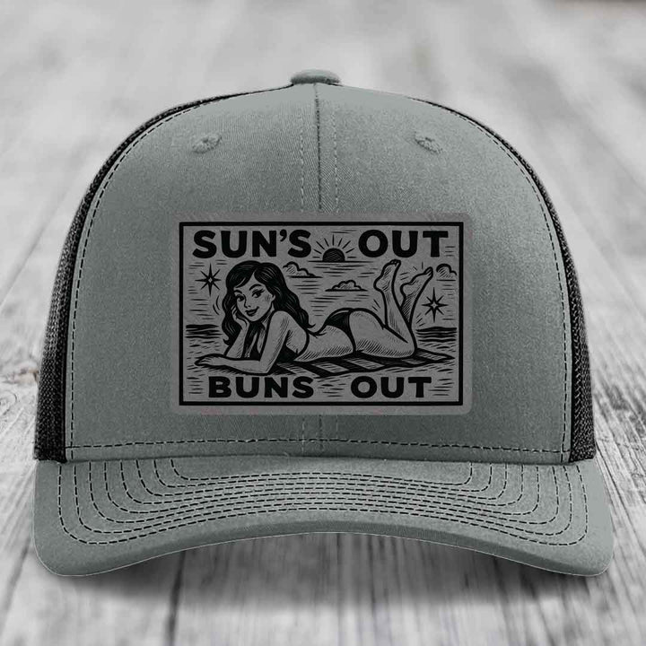 Suns Out, Buns Out - Leather Patch Hat - Grey to Black Patch - Richardson 112 Snapback Trucker Hat