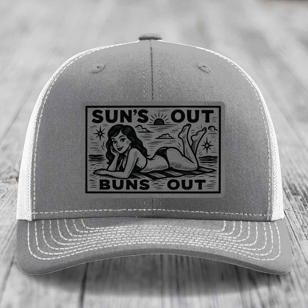 Suns Out, Buns Out - Leather Patch Hat - Grey to Black Patch - Richardson 112 Snapback Trucker Hat