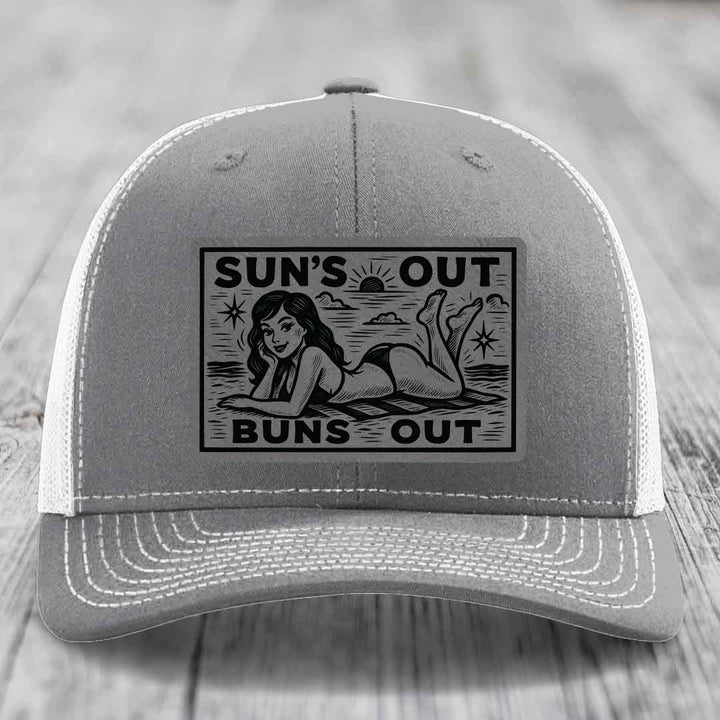 Suns Out, Buns Out - Leather Patch Hat - Grey to Black Patch - Richardson 112 Snapback Trucker Hat