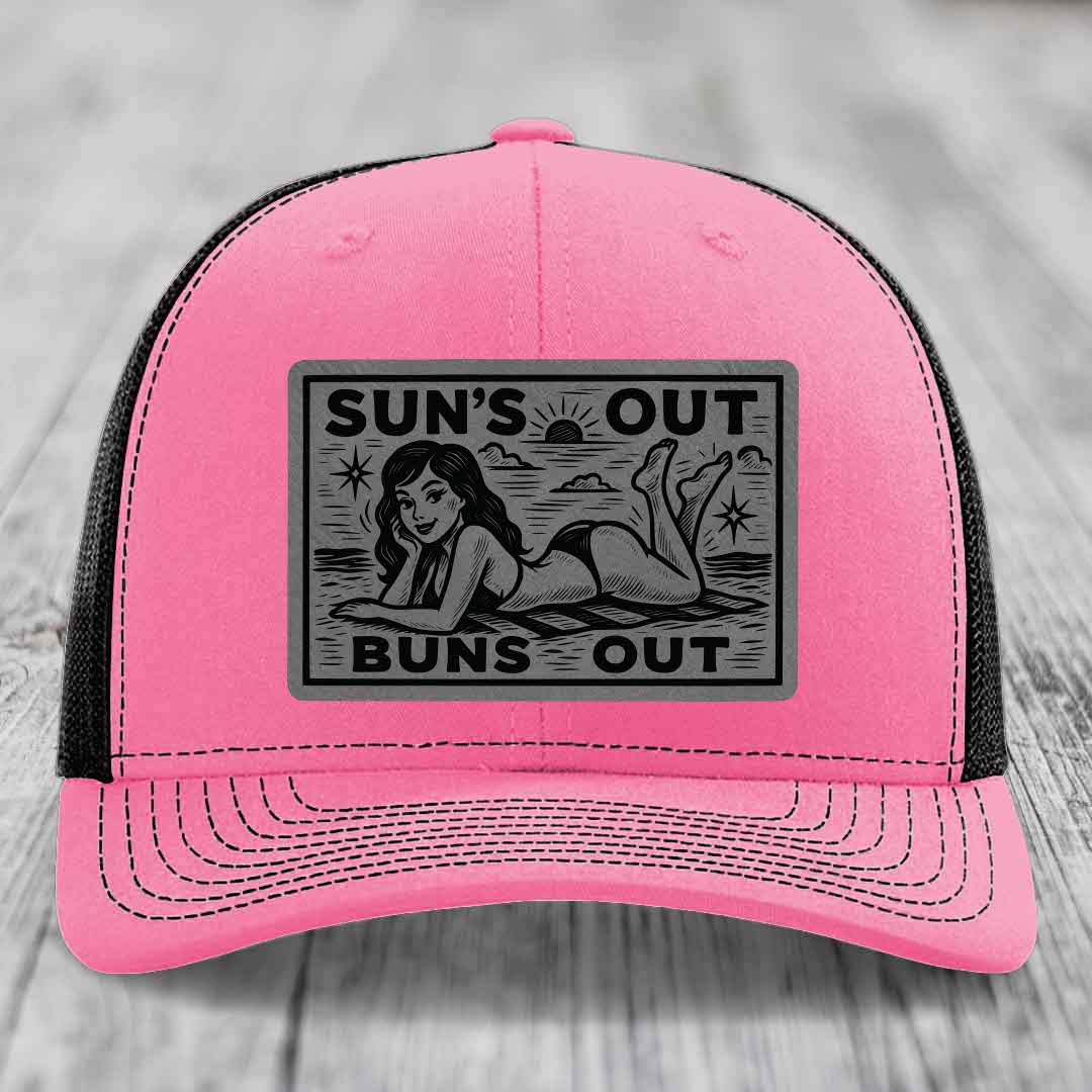 Suns Out, Buns Out - Leather Patch Hat - Grey to Black Patch - Richardson 112 Snapback Trucker Hat