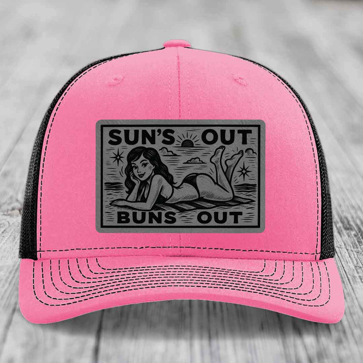 Suns Out, Buns Out - Leather Patch Hat - Grey to Black Patch - Richardson 112 Snapback Trucker Hat