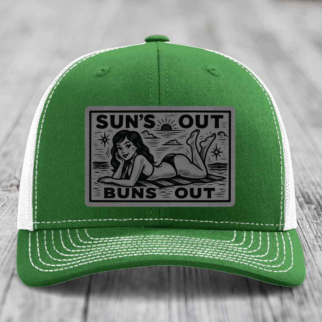 Suns Out, Buns Out - Leather Patch Hat - Grey to Black Patch - Richardson 112 Snapback Trucker Hat