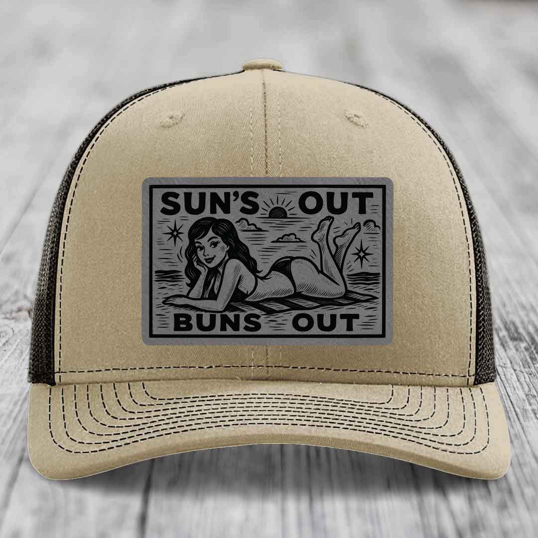 Suns Out, Buns Out - Leather Patch Hat - Grey to Black Patch - Richardson 112 Snapback Trucker Hat