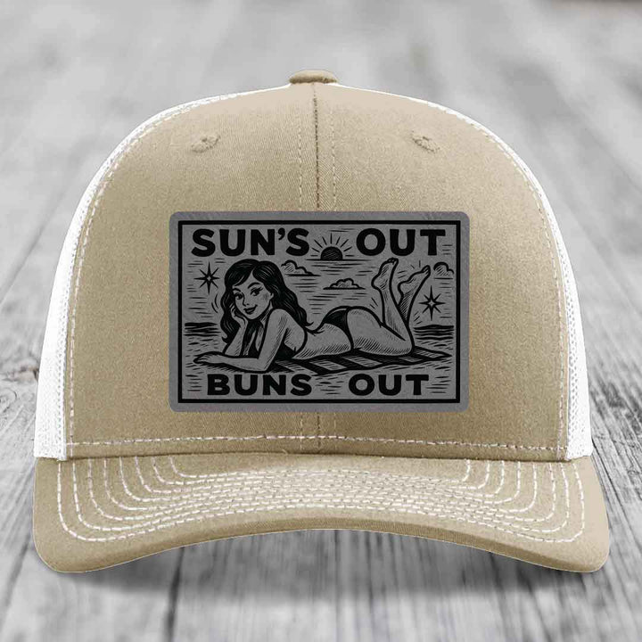 Suns Out, Buns Out - Leather Patch Hat - Grey to Black Patch - Richardson 112 Snapback Trucker Hat