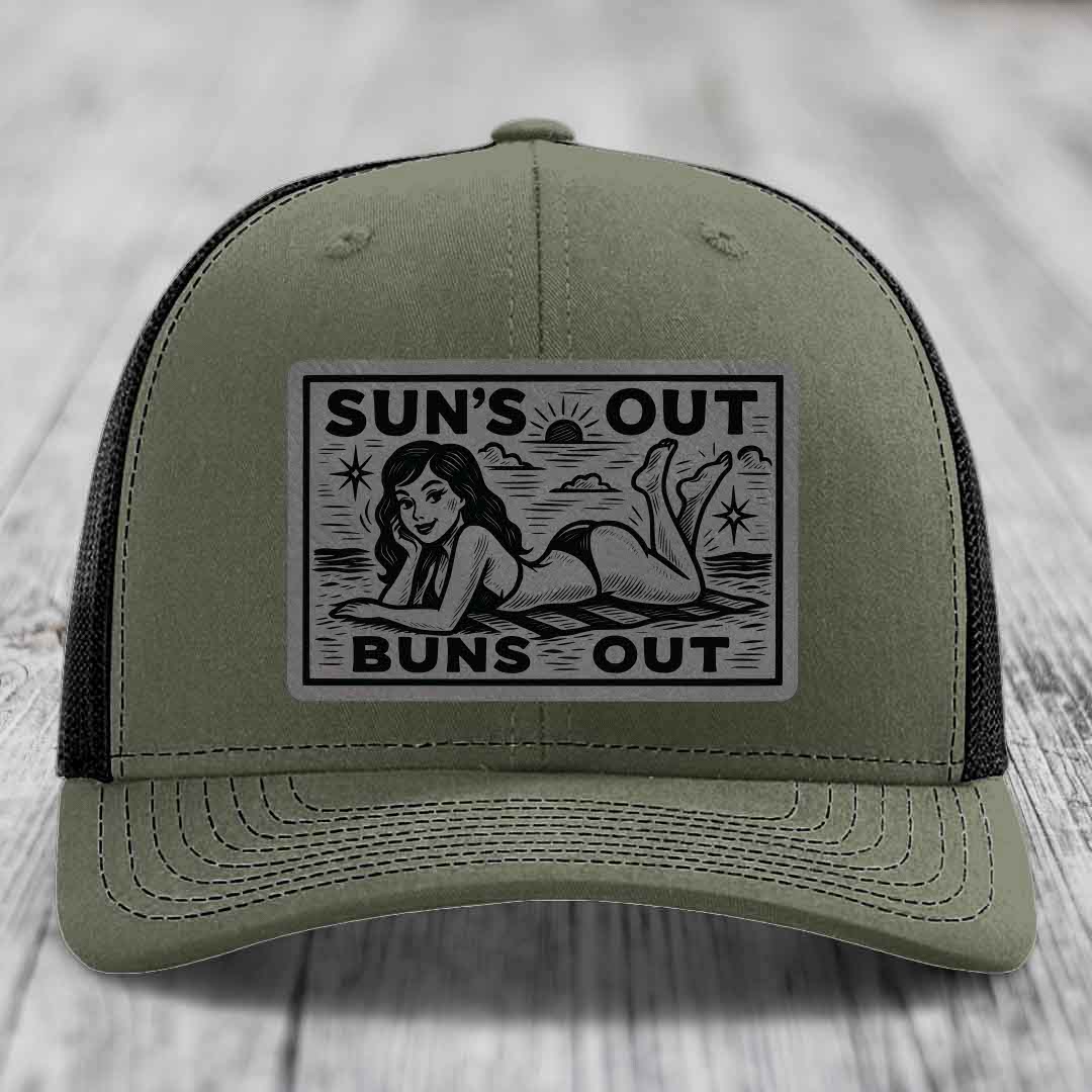 Suns Out, Buns Out - Leather Patch Hat - Grey to Black Patch - Richardson 112 Snapback Trucker Hat