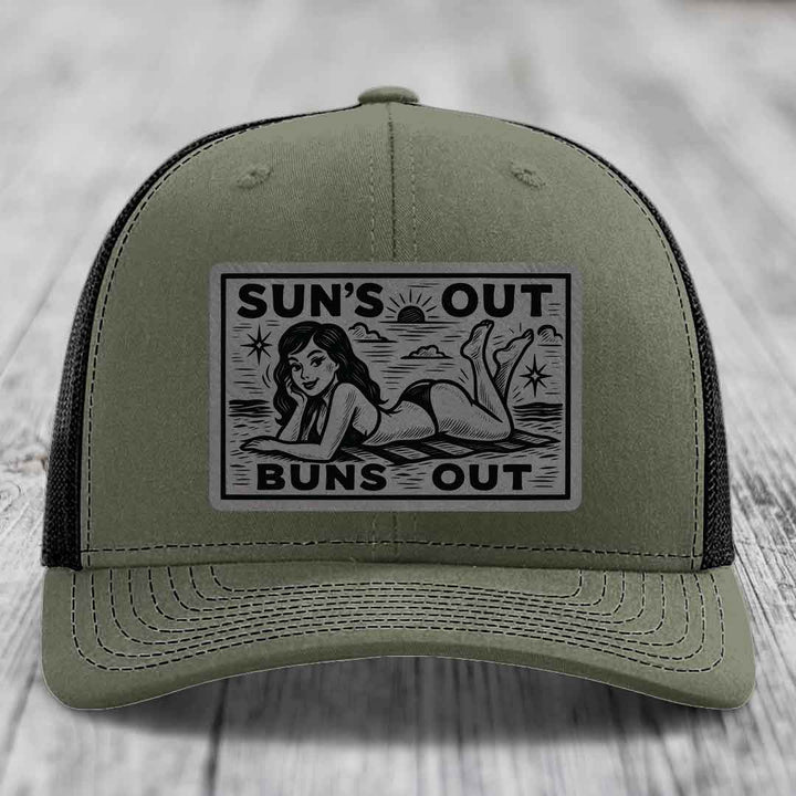 Suns Out, Buns Out - Leather Patch Hat - Grey to Black Patch - Richardson 112 Snapback Trucker Hat