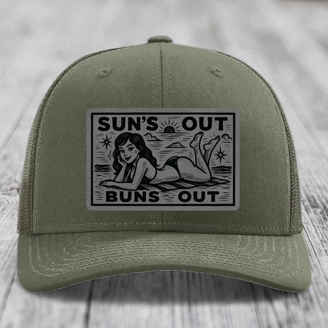 Suns Out, Buns Out - Leather Patch Hat - Grey to Black Patch - Richardson 112 Snapback Trucker Hat