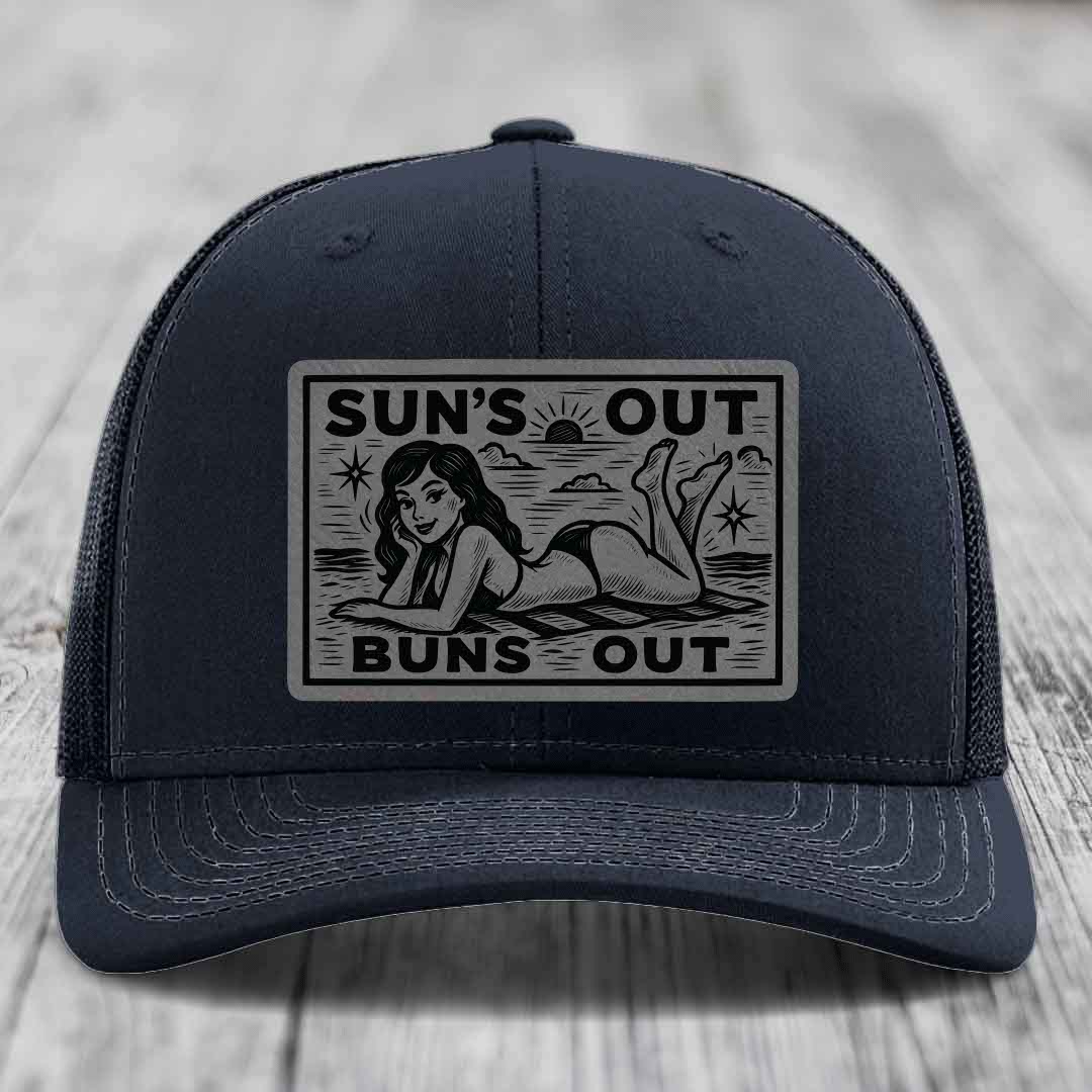 Suns Out, Buns Out - Leather Patch Hat - Grey to Black Patch - Richardson 112 Snapback Trucker Hat