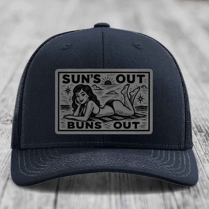 Suns Out, Buns Out - Leather Patch Hat - Grey to Black Patch - Richardson 112 Snapback Trucker Hat