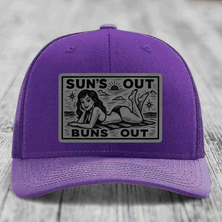 Suns Out, Buns Out - Leather Patch Hat - Grey to Black Patch - Richardson 112 Snapback Trucker Hat