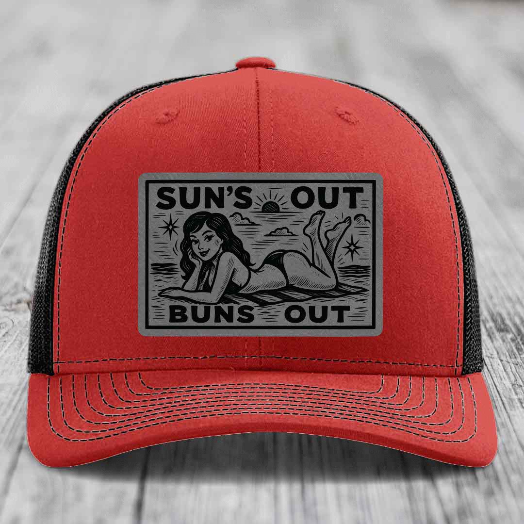 Suns Out, Buns Out - Leather Patch Hat - Grey to Black Patch - Richardson 112 Snapback Trucker Hat