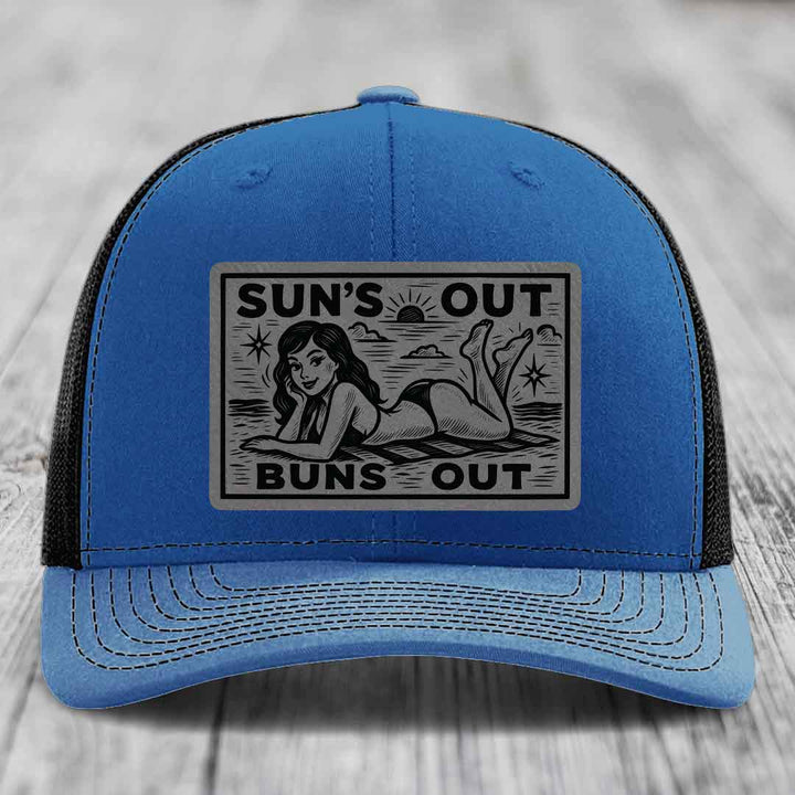 Suns Out, Buns Out - Leather Patch Hat - Grey to Black Patch - Richardson 112 Snapback Trucker Hat