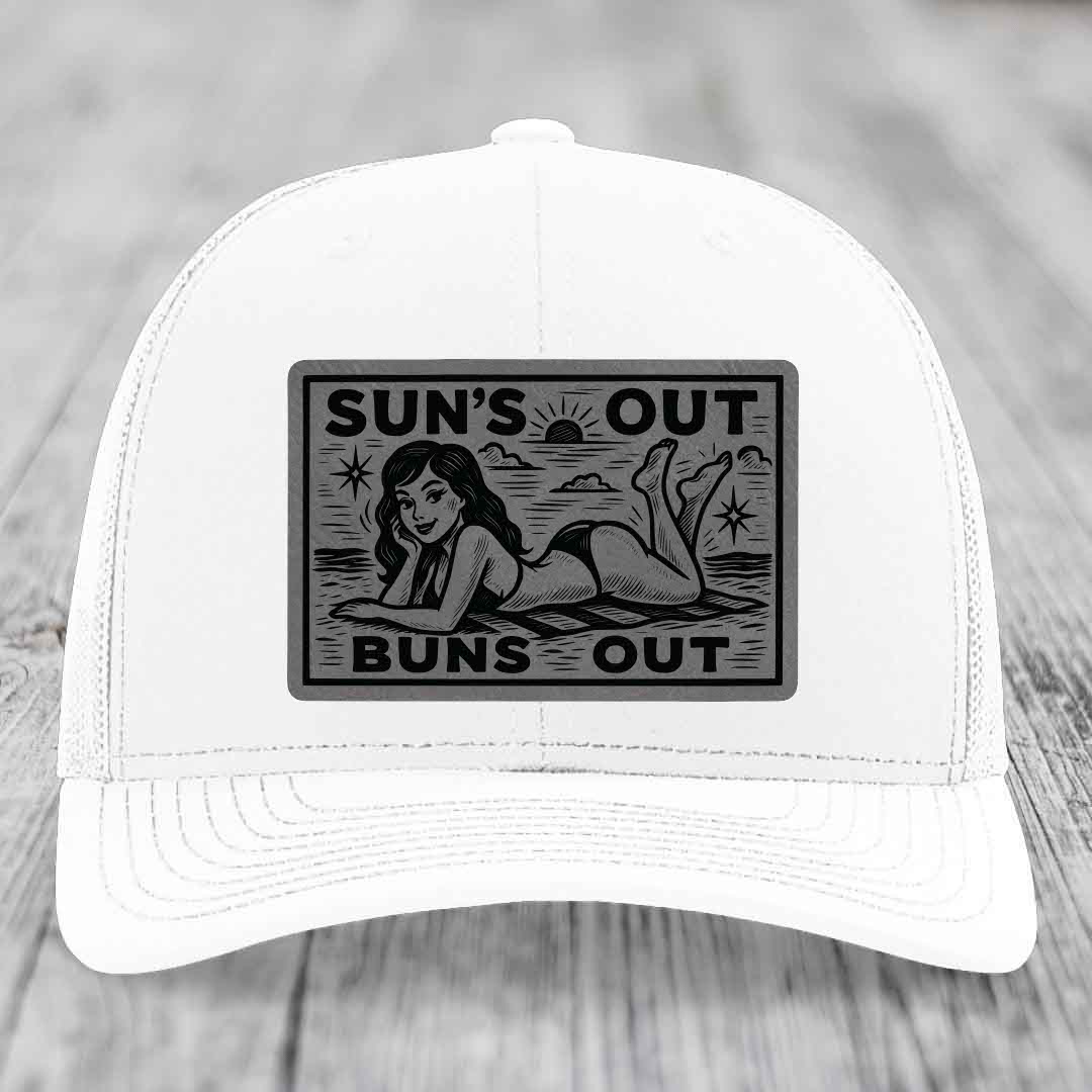 Suns Out, Buns Out - Leather Patch Hat - Grey to Black Patch - Richardson 112 Snapback Trucker Hat