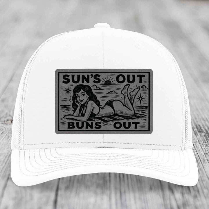 Suns Out, Buns Out - Leather Patch Hat - Grey to Black Patch - Richardson 112 Snapback Trucker Hat