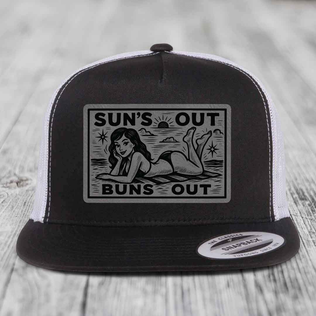 Suns Out, Buns Out - Leather Patch Hat - Grey to Black Patch - Yupoong 6006 Snapback Flatbill Hat
