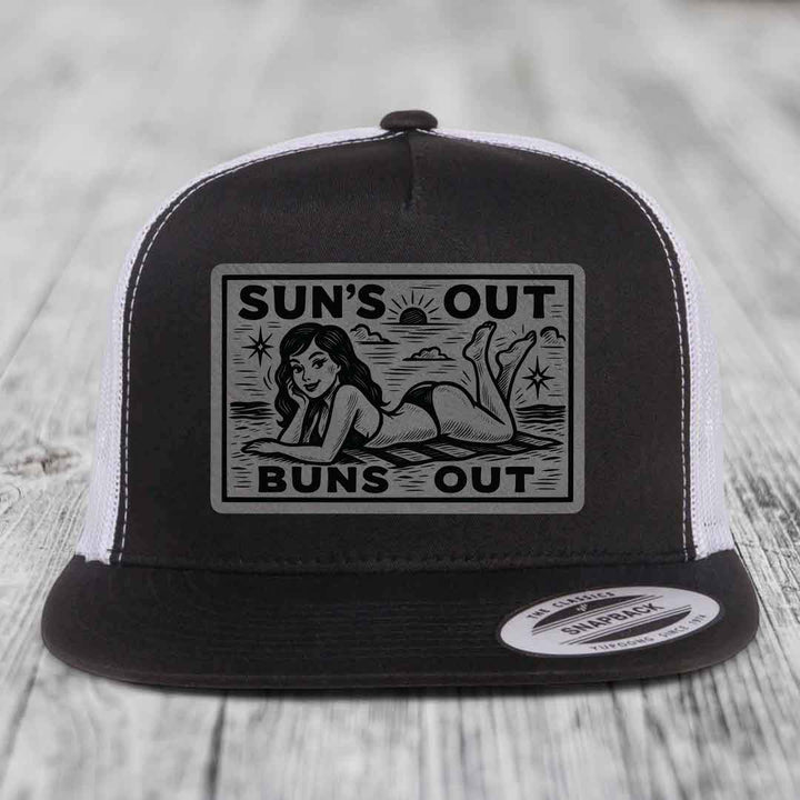 Suns Out, Buns Out - Leather Patch Hat - Grey to Black Patch - Yupoong 6006 Snapback Flatbill Hat