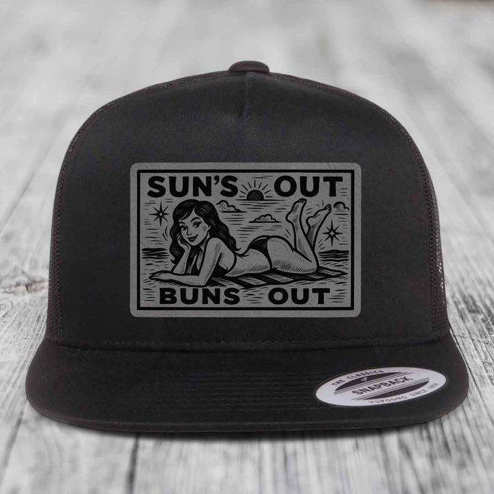 Suns Out, Buns Out - Leather Patch Hat - Grey to Black Patch - Yupoong 6006 Snapback Flatbill Hat