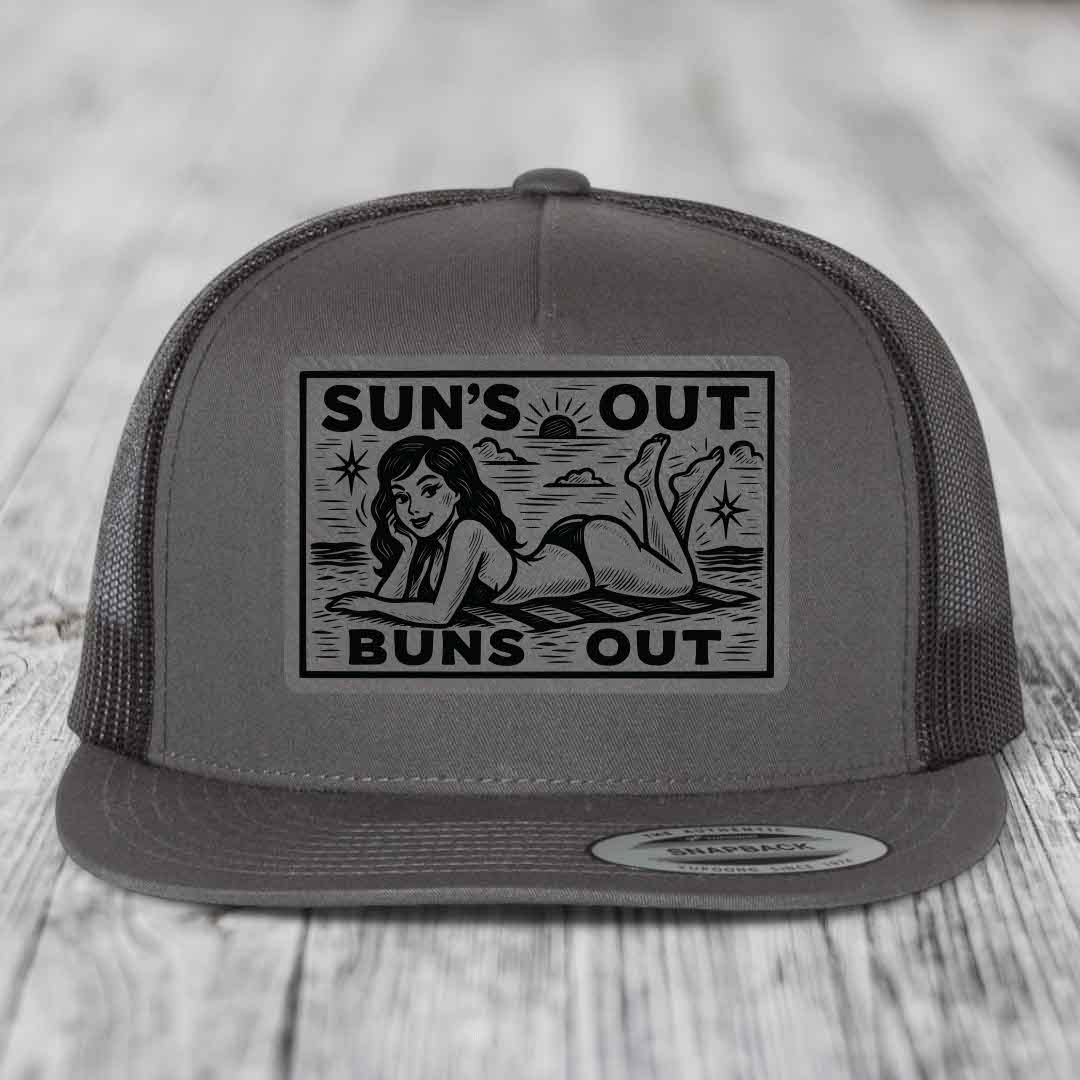 Suns Out, Buns Out - Leather Patch Hat - Grey to Black Patch - Yupoong 6006 Snapback Flatbill Hat