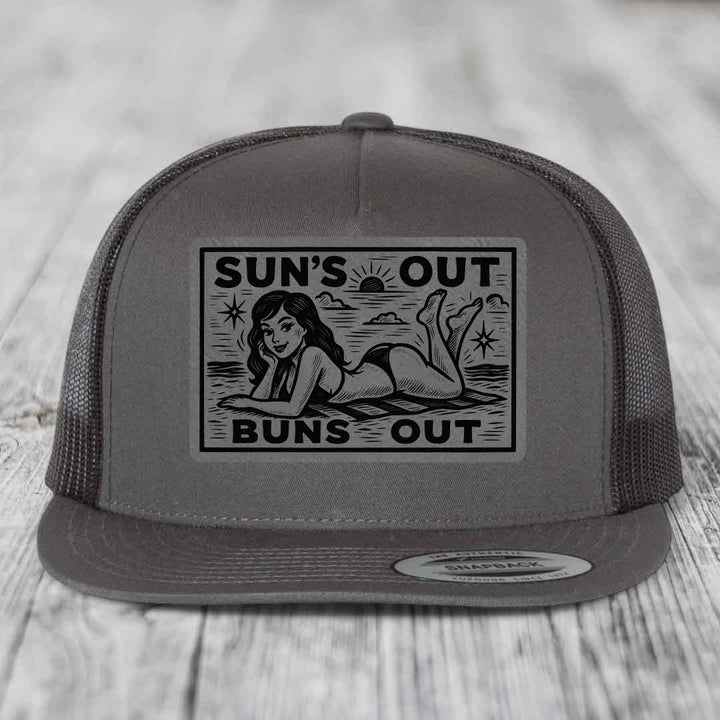 Suns Out, Buns Out - Leather Patch Hat - Grey to Black Patch - Yupoong 6006 Snapback Flatbill Hat