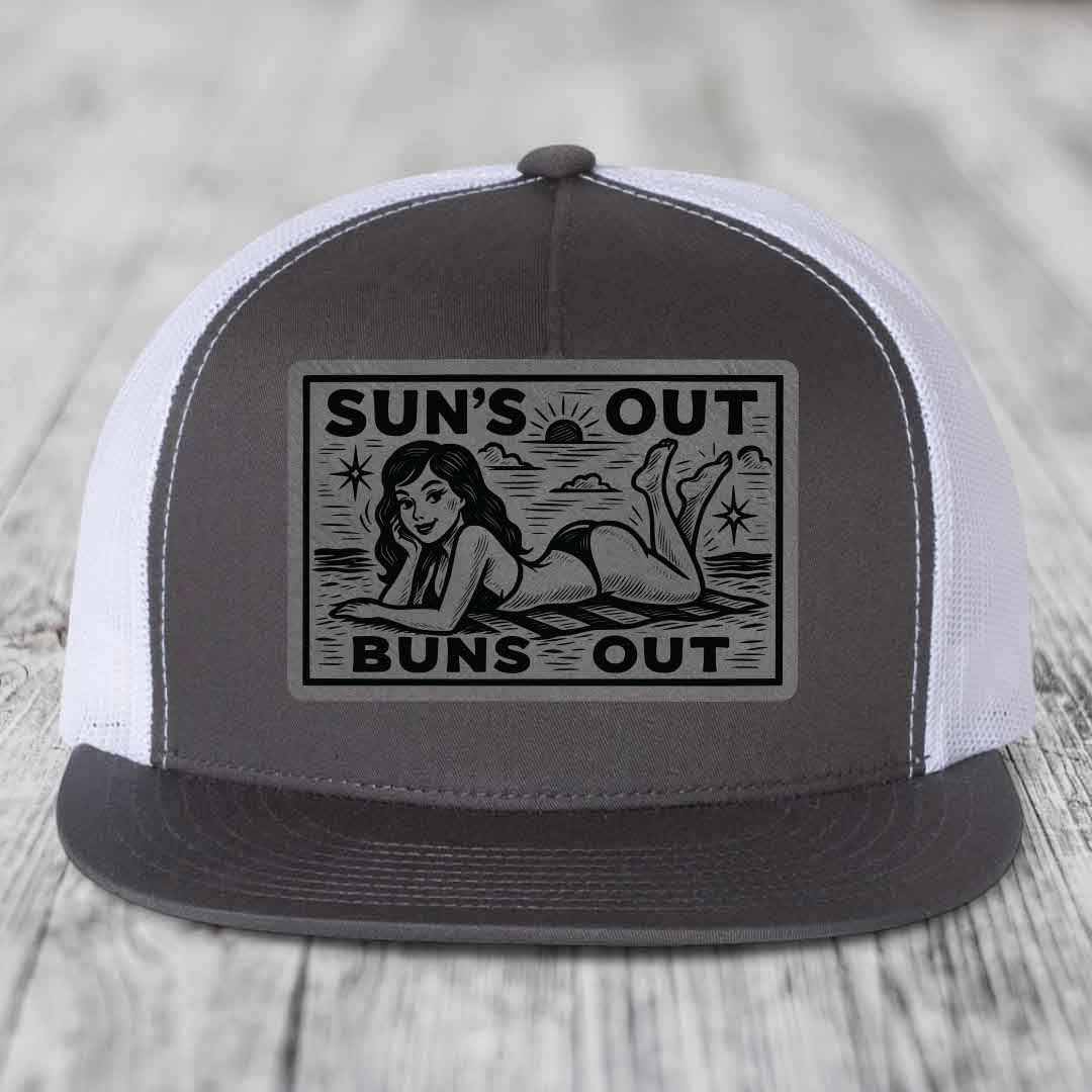 Suns Out, Buns Out - Leather Patch Hat - Grey to Black Patch - Yupoong 6006 Snapback Flatbill Hat