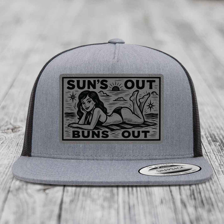 Suns Out, Buns Out - Leather Patch Hat - Grey to Black Patch - Yupoong 6006 Snapback Flatbill Hat