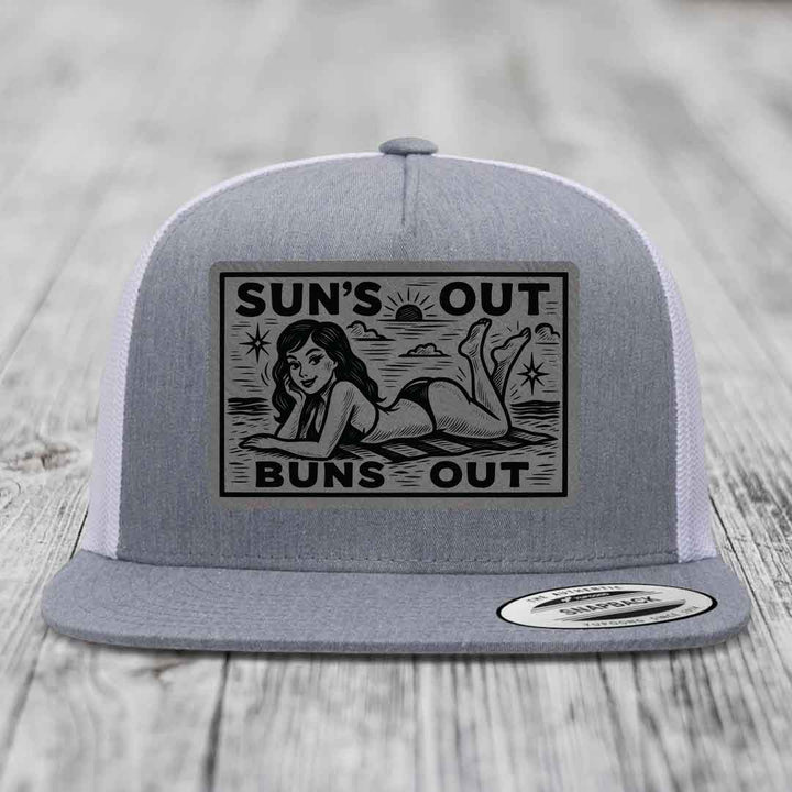 Suns Out, Buns Out - Leather Patch Hat - Grey to Black Patch - Yupoong 6006 Snapback Flatbill Hat
