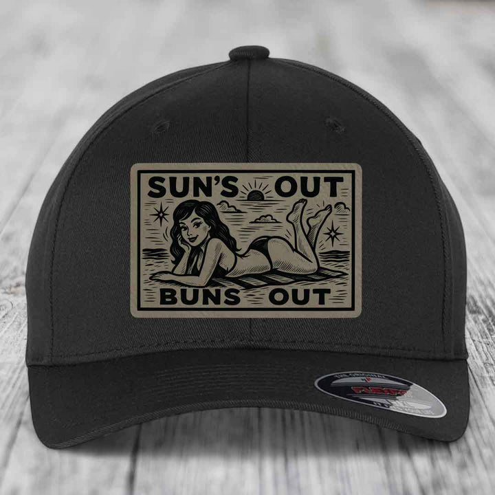 Suns Out, Buns Out - Leather Patch Hat - Light Brown to Black Patch - Flexfit 6277 Fitted Hat