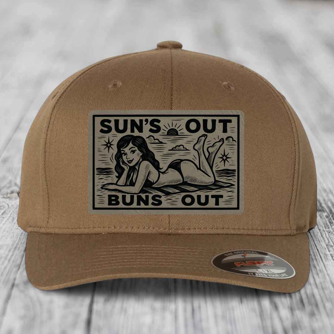 Suns Out, Buns Out - Leather Patch Hat - Light Brown to Black Patch - Flexfit 6277 Fitted Hat