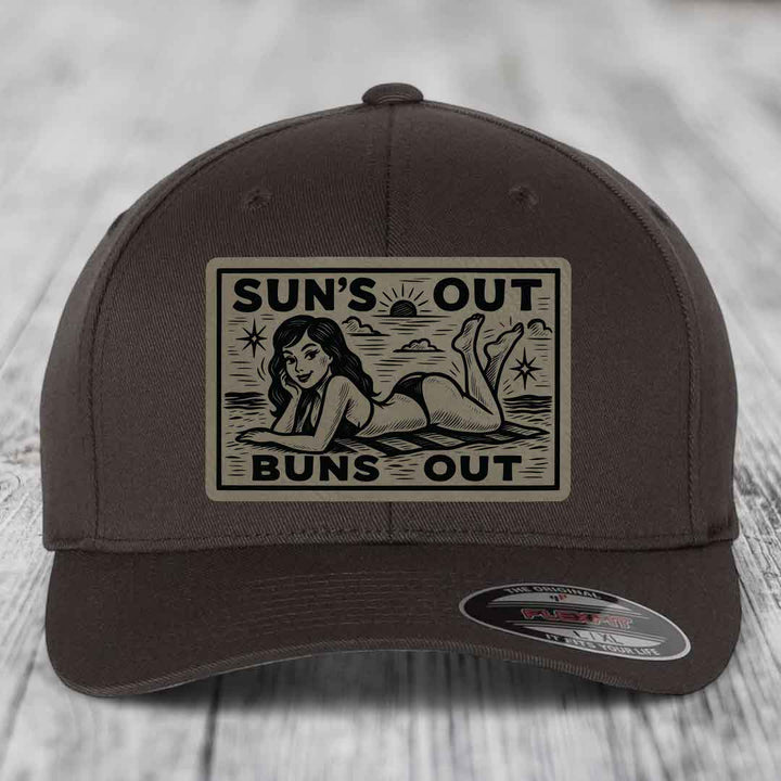Suns Out, Buns Out - Leather Patch Hat - Light Brown to Black Patch - Flexfit 6277 Fitted Hat
