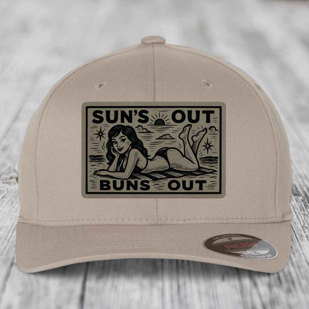 Suns Out, Buns Out - Leather Patch Hat - Light Brown to Black Patch - Flexfit 6277 Fitted Hat
