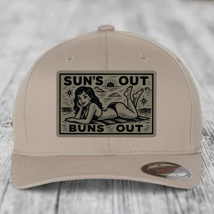Suns Out, Buns Out - Leather Patch Hat - Light Brown to Black Patch - Flexfit 6277 Fitted Hat