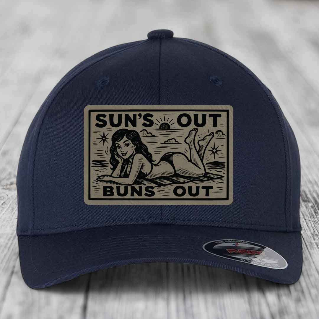 Suns Out, Buns Out - Leather Patch Hat - Light Brown to Black Patch - Flexfit 6277 Fitted Hat